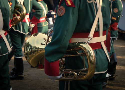 Free Military band members in uniform with brass instruments in Buenos Aires, Argentina. Stock Photo