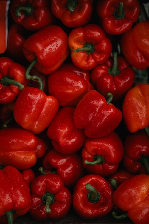 Free Vibrant red bell peppers stacked together with fresh dewdrops on their surfaces. Stock Photo