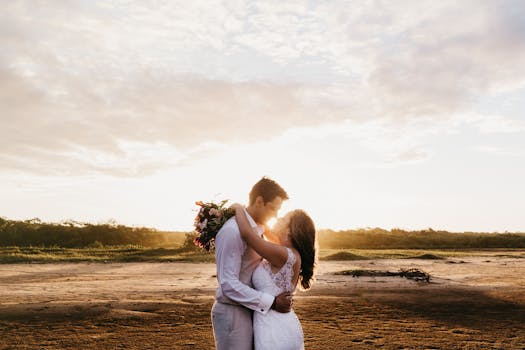 日落时分，新娘和新郎在海滩上相拥，象征着爱与团结