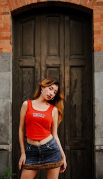 Chic young woman in casual attire posing confidently by a rustic wooden door.