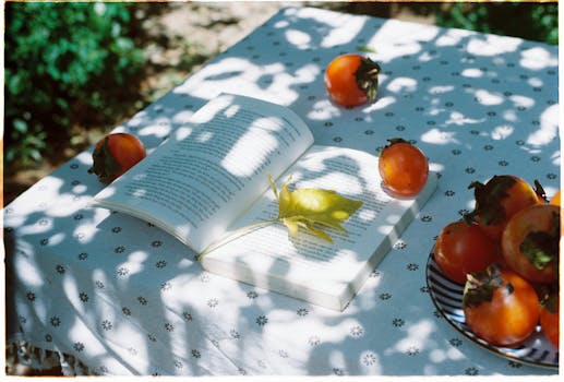 An open book and persimmons on a sunlit table with dappled shadow patterns, creating a serene outdoor scene.