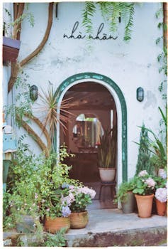 Vintage café entrance adorned with greenery and blooming plants in terracotta pots.