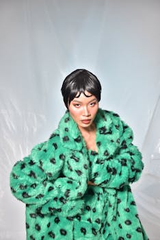 Fashionable woman wearing a bold green fur coat poses confidently against a bright background.