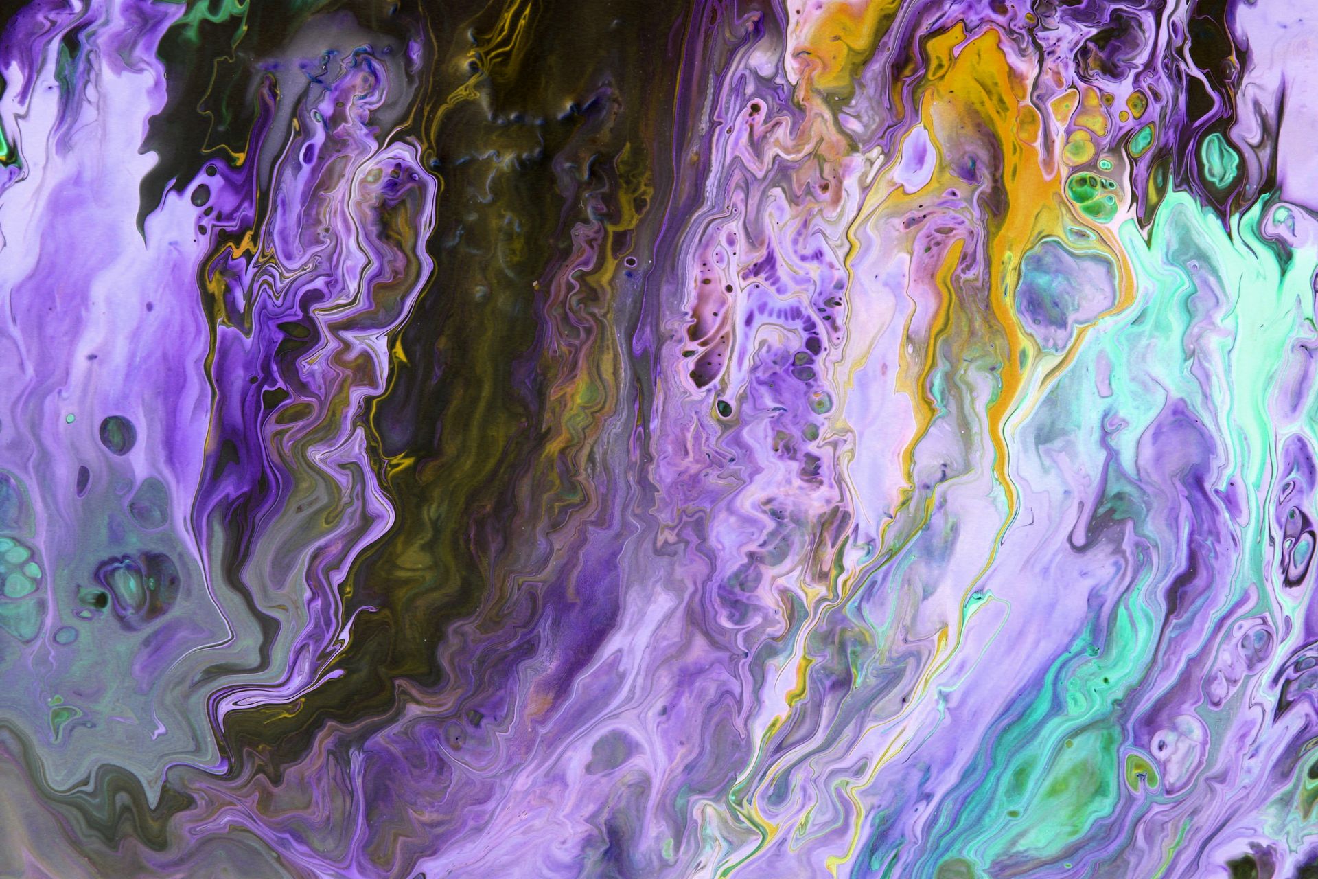 Colorful abstract acrylic swirl art with rich purples, yellows, and greens.