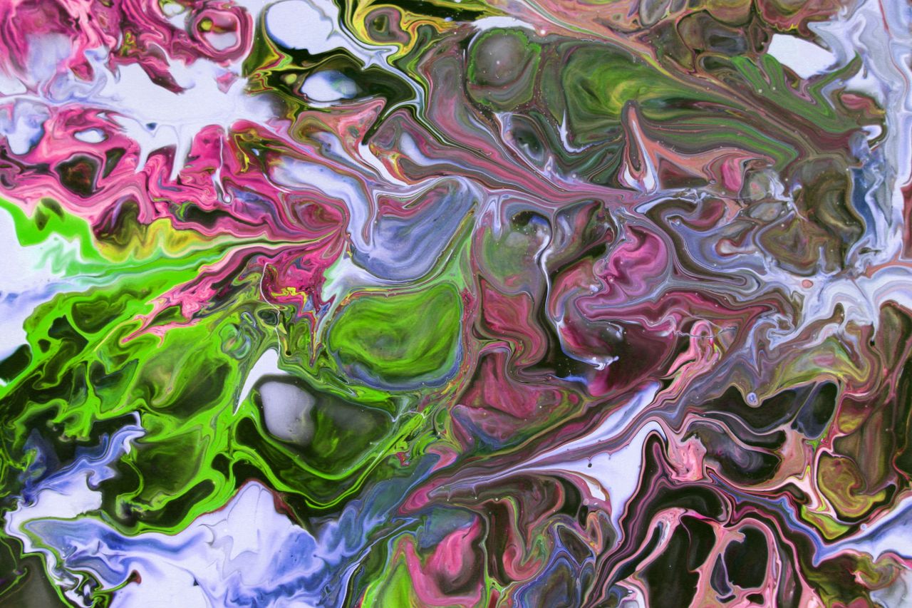 vibrant abstract painting showcasing swirling patterns in pink green a