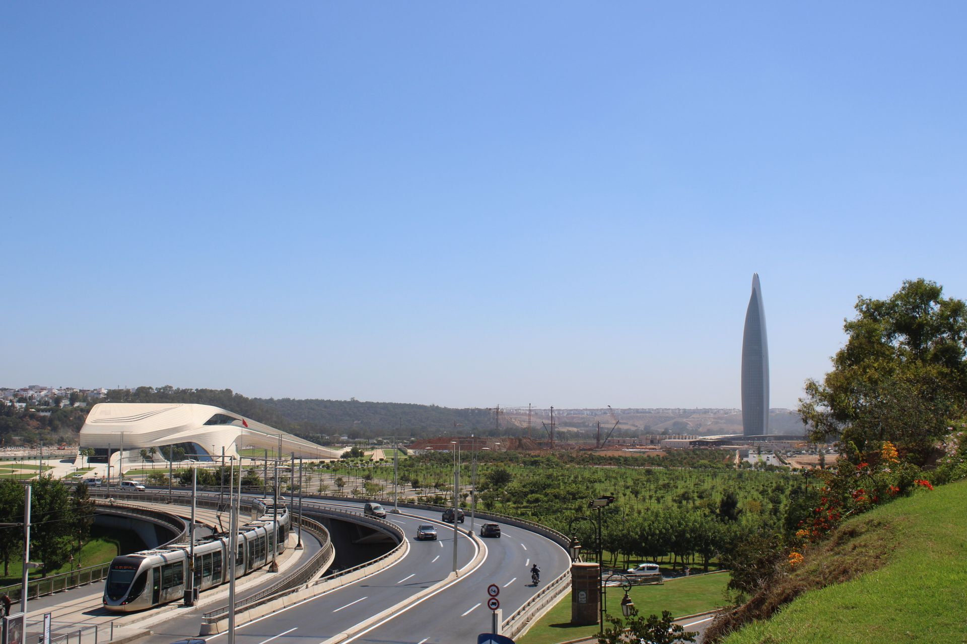 Stunning view of modern infrastructure and iconic architecture in Rabat, Morocco with clear blue skies.