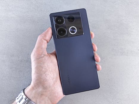 Close up of a person holding a smartphone with a sleek design and triple camera setup.
