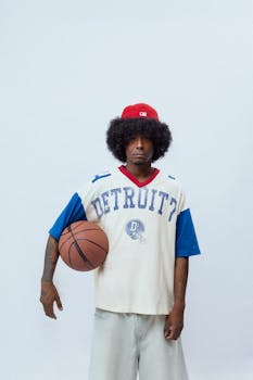 Young man in urban outfit holding basketball, posing with confidence.