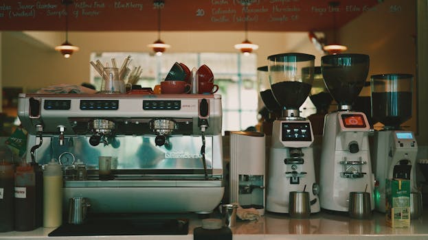 Interior view of a coffee shop displaying espresso machine and grinders.