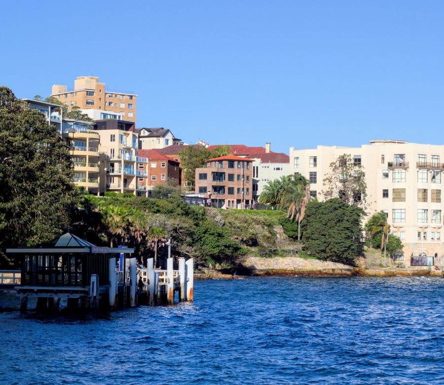 Australian waterfront residential buildings in bright sunlight