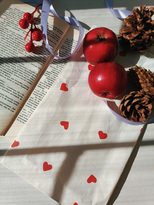 Free Flat lay image featuring red apples, pinecones, and an open book. Stock Photo