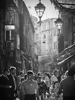 Captivating black and white photo of a lively Istanbul street, showcasing its vibrant atmosphere.