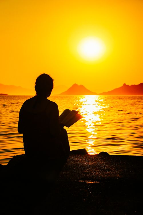 Free A serene silhouette of a person reading a book by the seaside at sunset, conveying peace and relaxation. Stock Photo