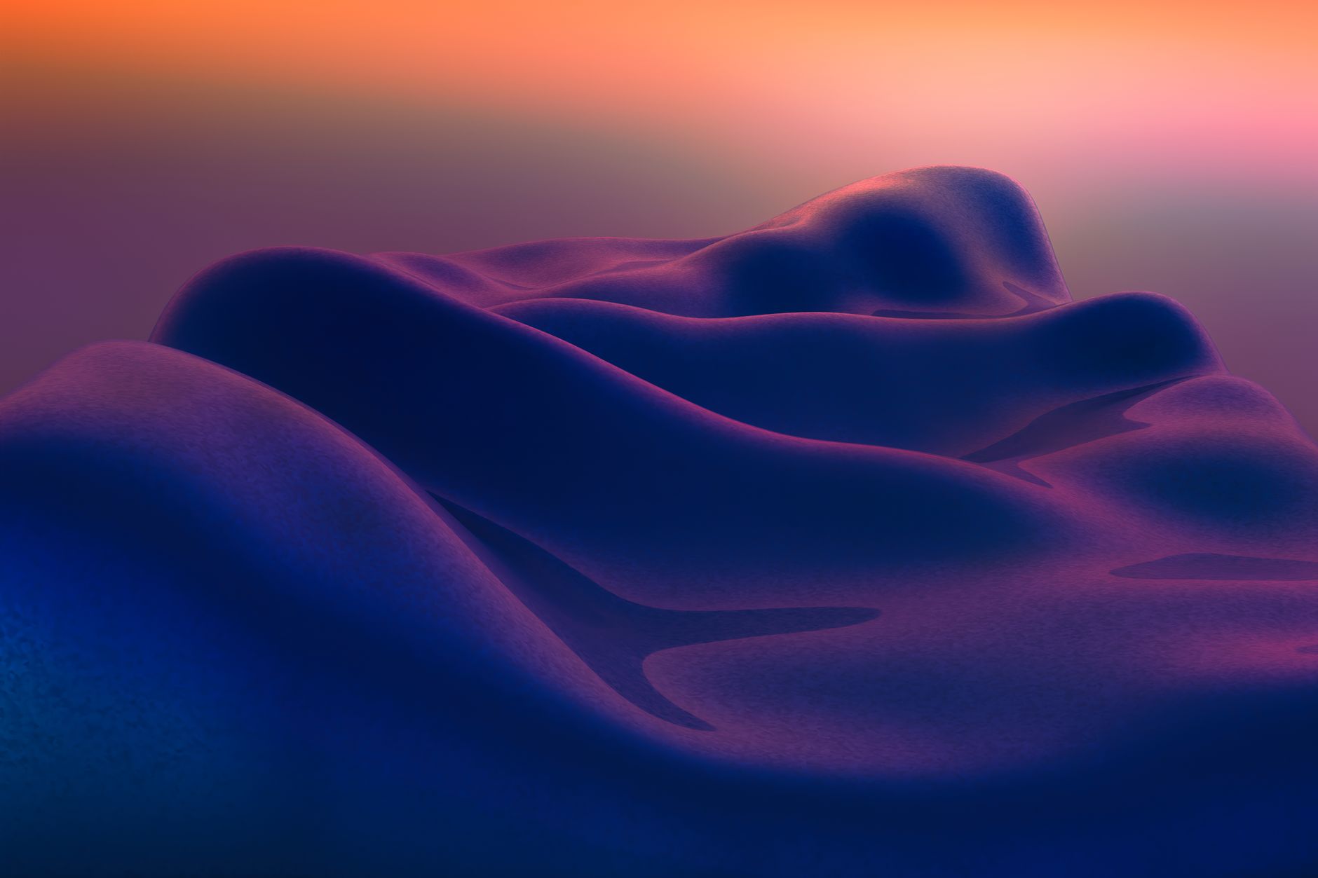 Colorful abstract landscape of curved forms under a dramatic gradient sky.