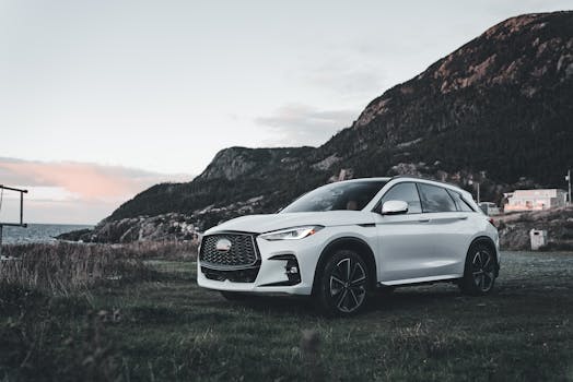A sleek white SUV parked against a beautiful mountain backdrop during twilight.
