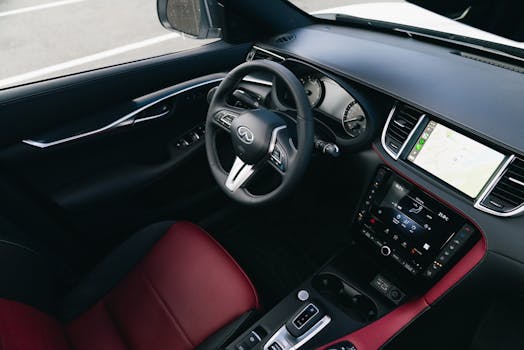Interior view of a luxury car with a navigation screen and sleek design.