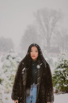 一名女子在户外的大雪中展示冬季时尚