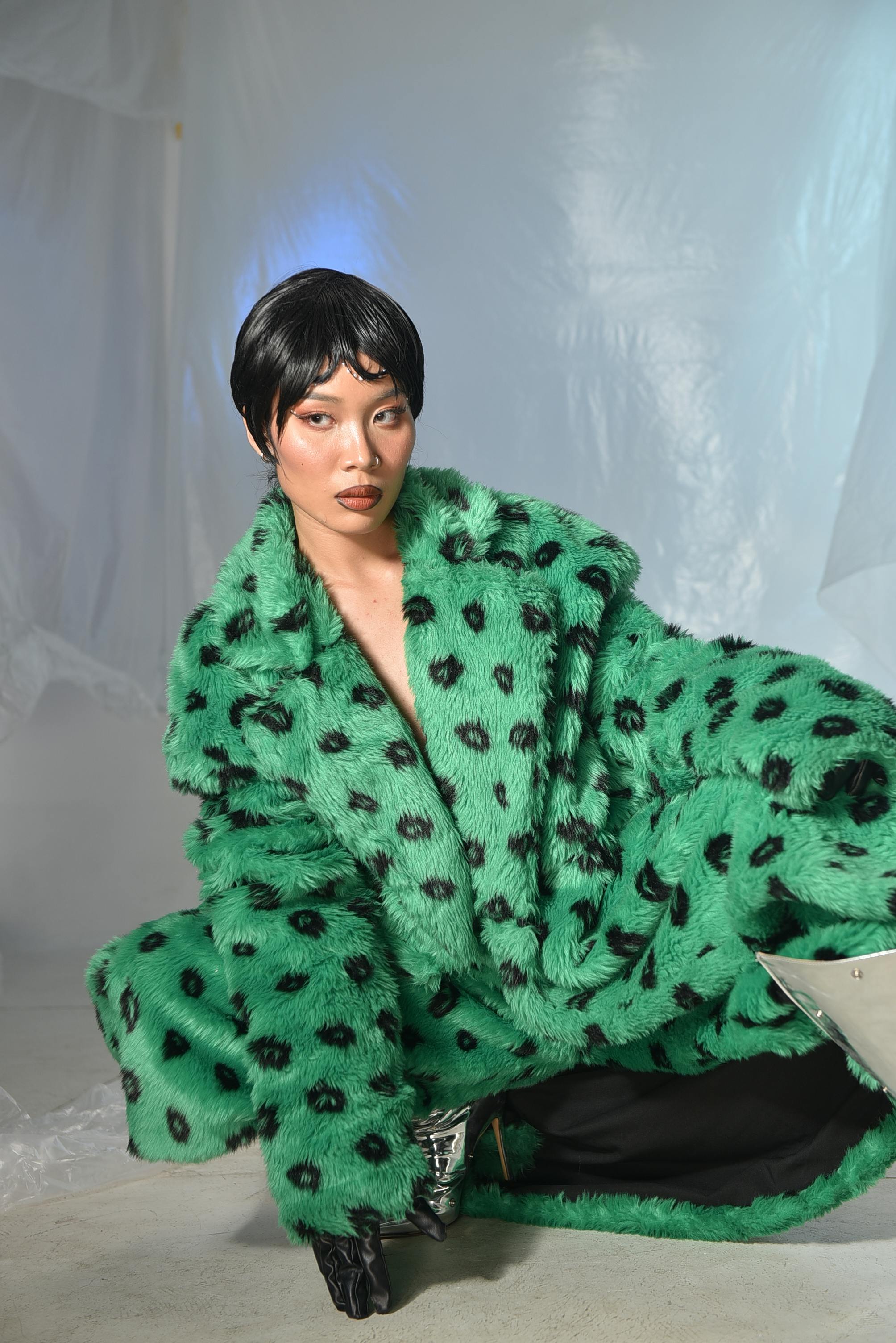 Gratuit Modèle élégant posant dans un manteau en fausse fourrure verte avec un maquillage audacieux et une coiffure moderne. Photos