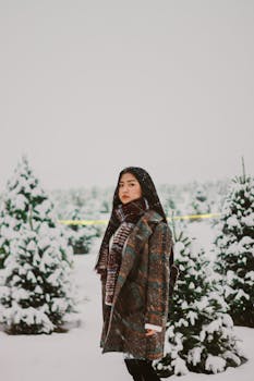Portrait of a young woman in a snowy forest surrounded by pine trees, wearing winter fashion.