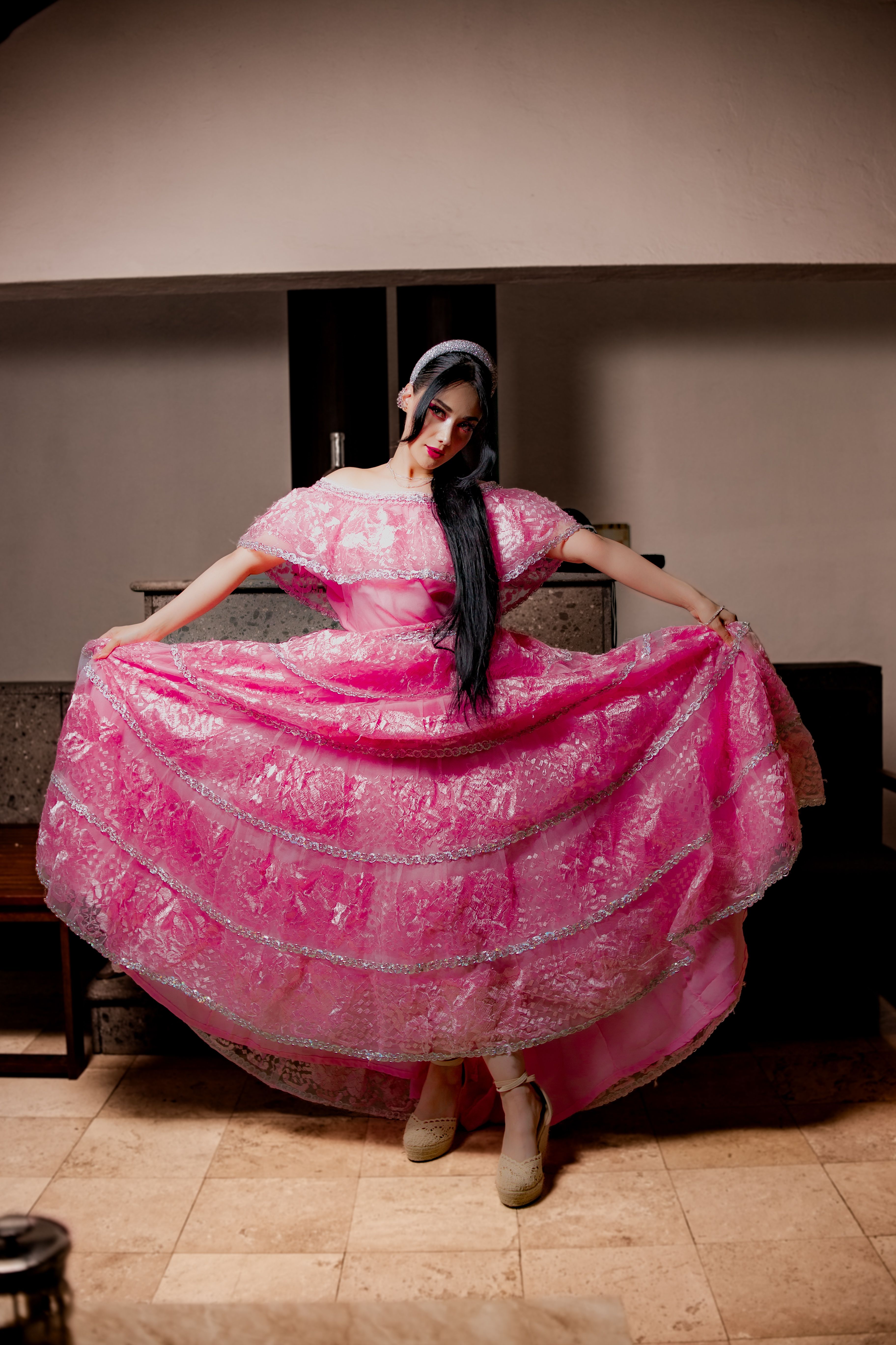 Elegant Woman in Traditional Pink Dress Indoors · Free Stock Photo