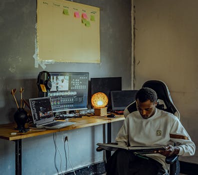 A cozy home office featuring a tech setup with dual screens and a person reading a book in a chair.
