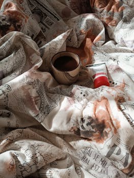 A warm setting with a cup of coffee and skincare cream on artistic bedding.