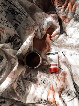 A cozy setup with coffee and hand cream on artistic bedsheets in soft lighting.