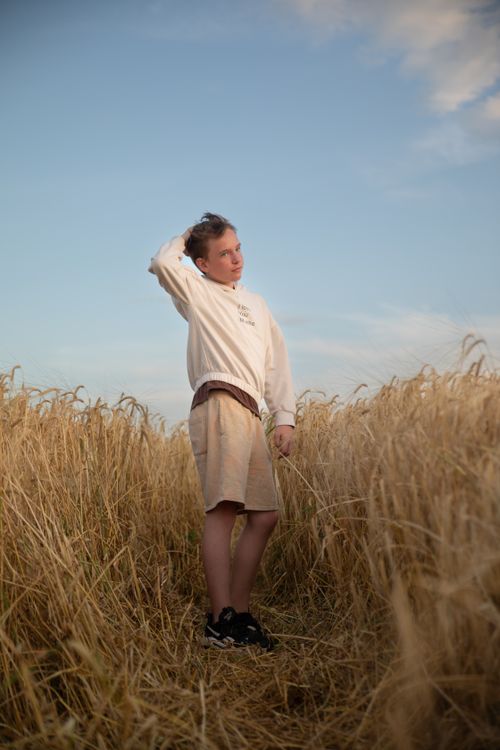 Free Boy in a wheat field during sunset, thoughtful pose, natural setting. Stock Photo