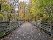 Perspective view of wooden footbridge over streaming river amidst yellow trees in autumnal park