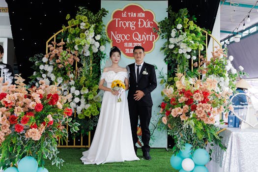 Bride and groom at their wedding with vibrant floral decorations and traditional attire.