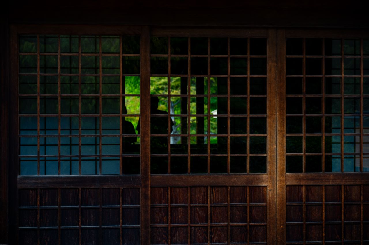 a traditional japanese sliding door with a silhouette and lush greener