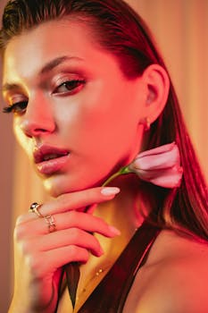 Close-up portrait of a woman holding a pink flower, set against a colorful, warm-toned background.