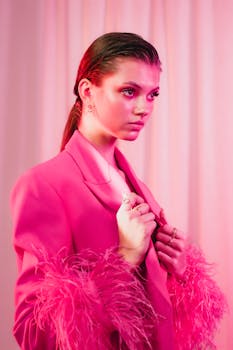Fashion-forward young woman in pink feathered jacket with bold lighting.