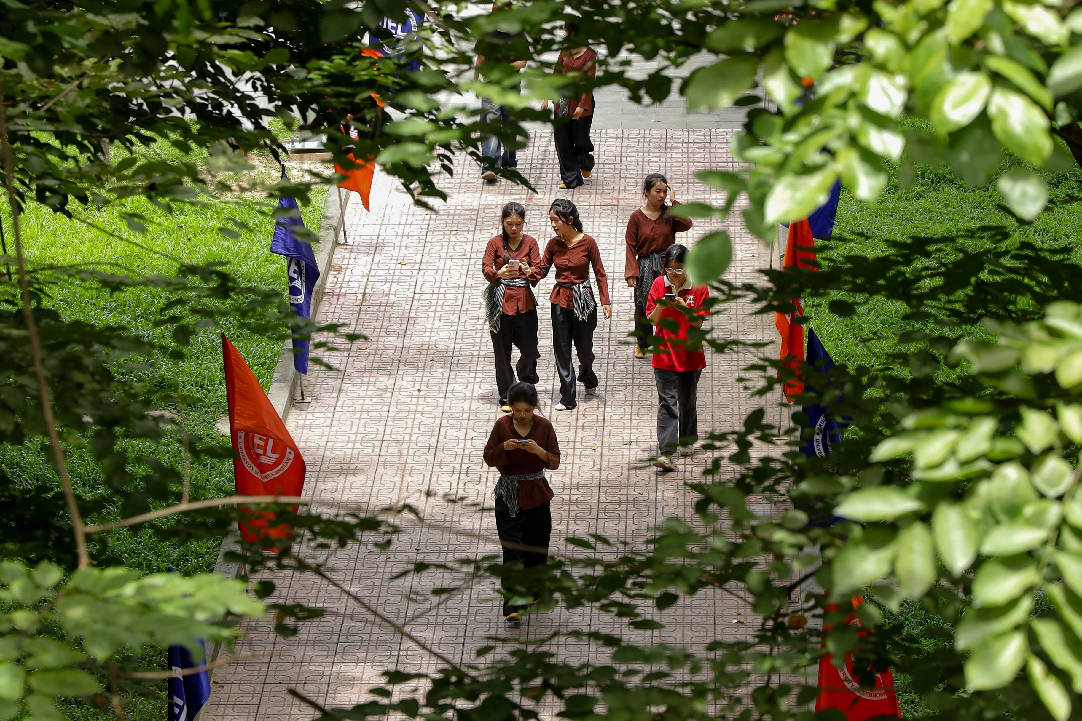 Group of Students Walking Through Tree-Lined Path · Free Stock Photo