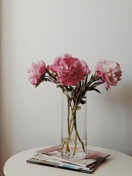 盛开的粉红色牡丹插在透明的花瓶中，为任何房间增添了优雅的时尚装饰