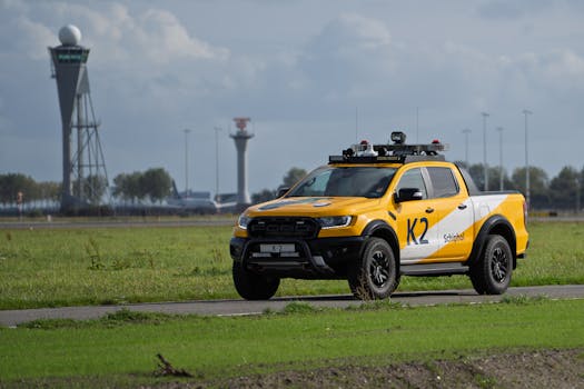 Yellow utility vehicle with K2 markings on Schiphol Airport runway in daylight.