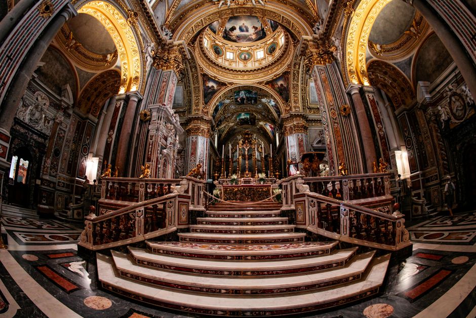 Lavishly decorated interior of a Baroque church in Cassino, Italy.