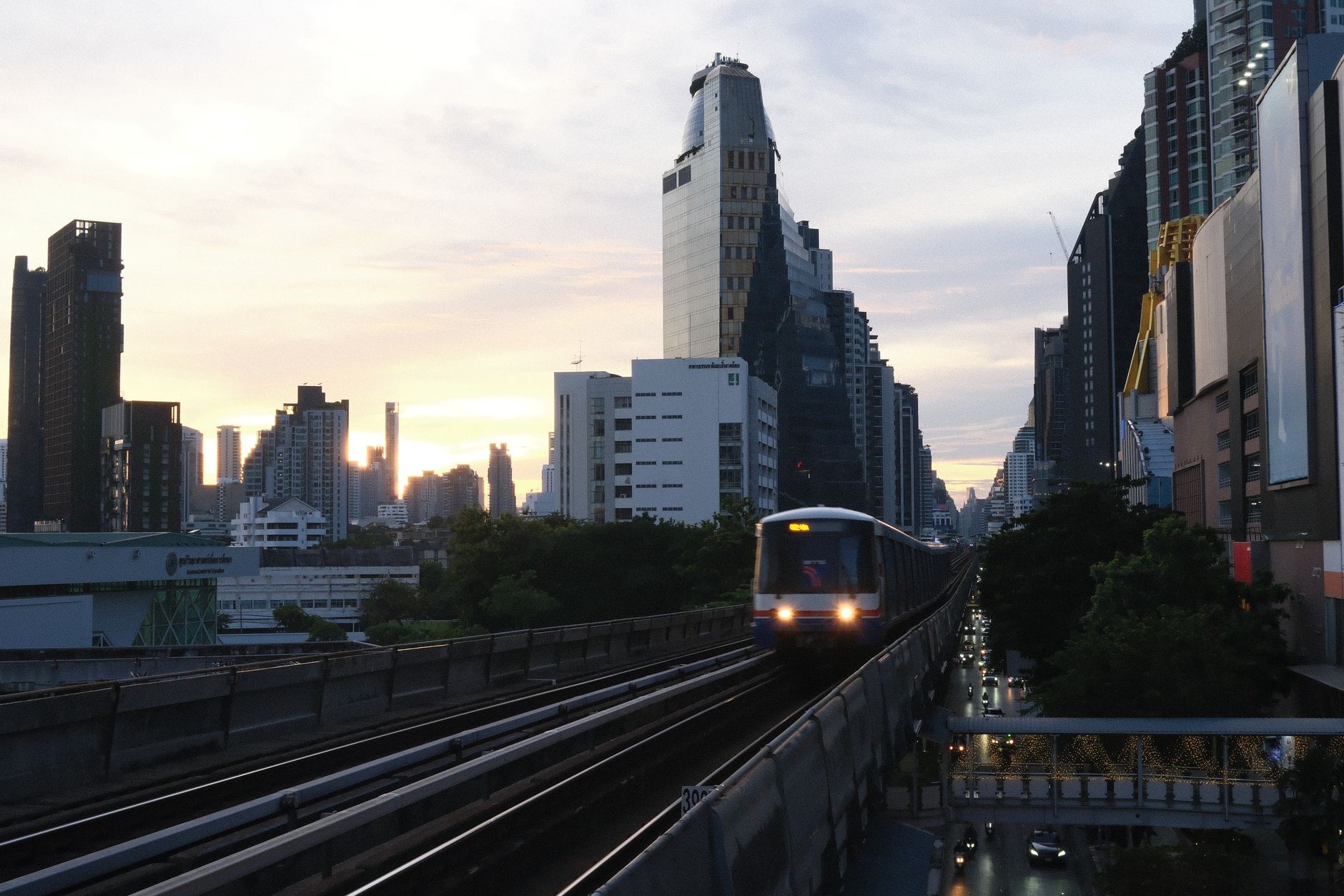 BTS Skytrain passing above Sukhumvit Road