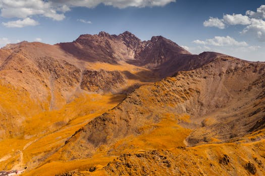 Stunning aerial view of a mountain range in Kyrgyzstan with vivid autumn colors.