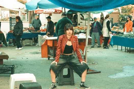 Young woman in urban marketplace wearing casual fashion, street style.