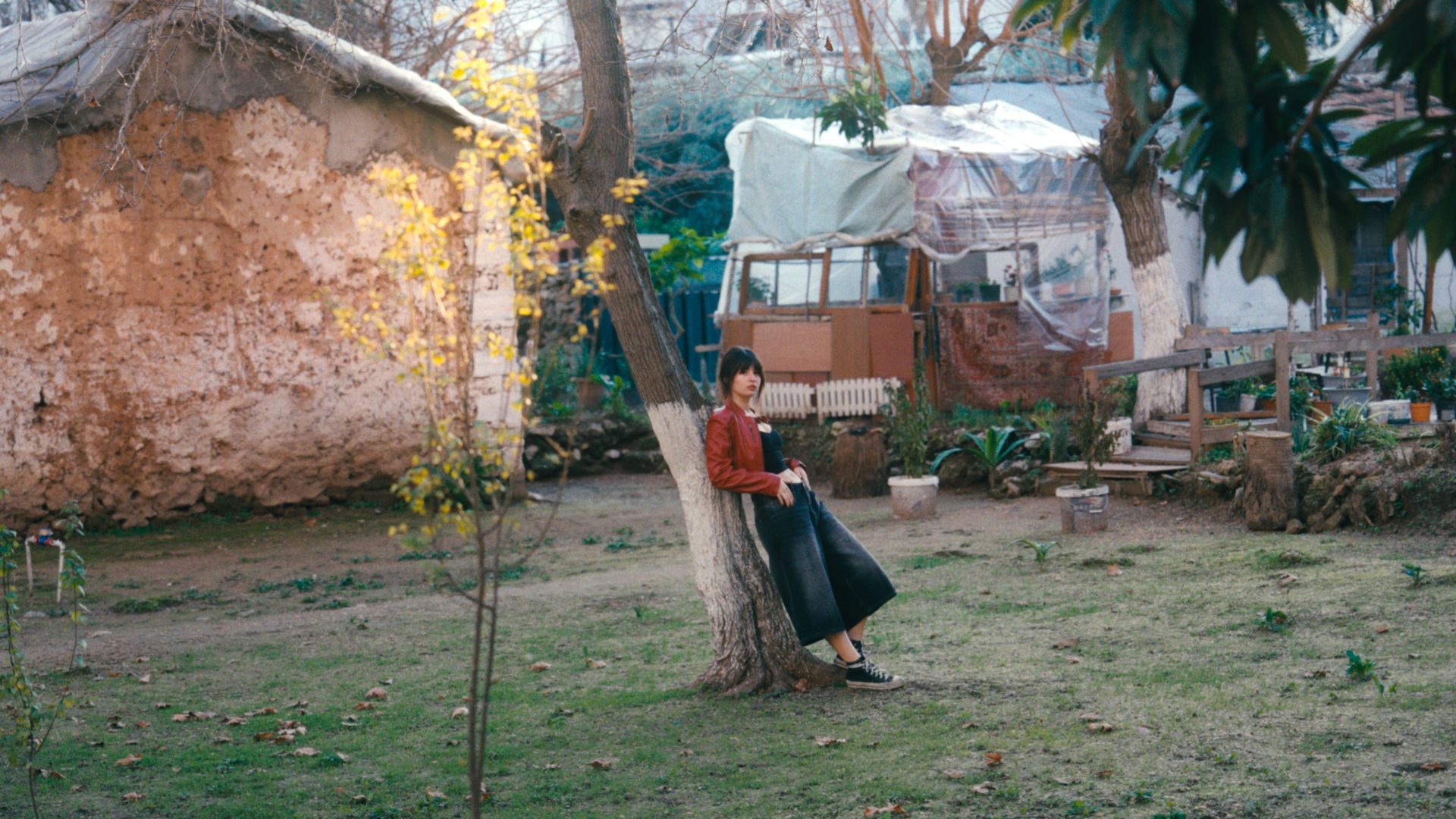 Woman leaning on a tree in a tranquil, rustic garden setting with soft lighting.