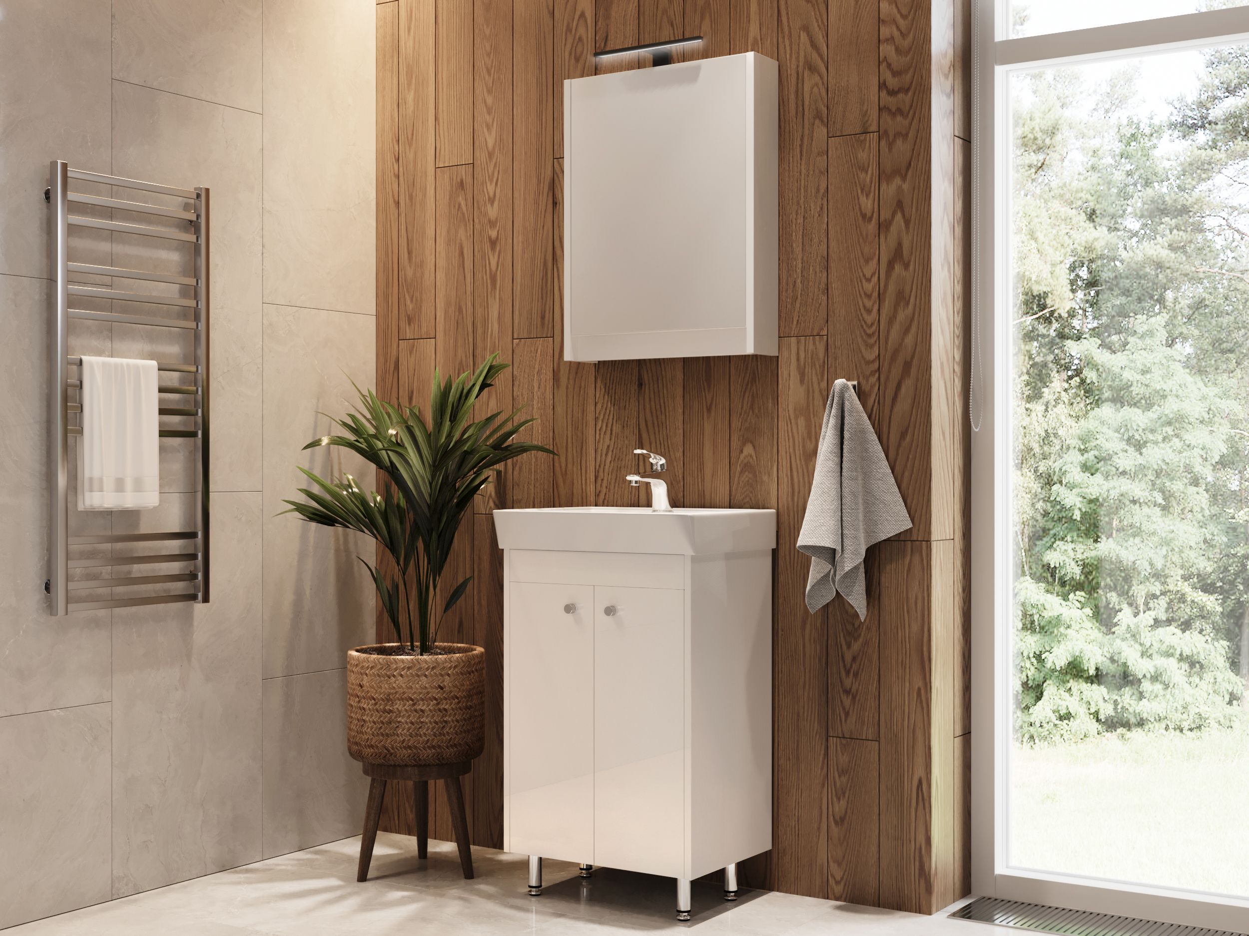 Bright bathroom featuring a wooden accent wall, plant, and large window.