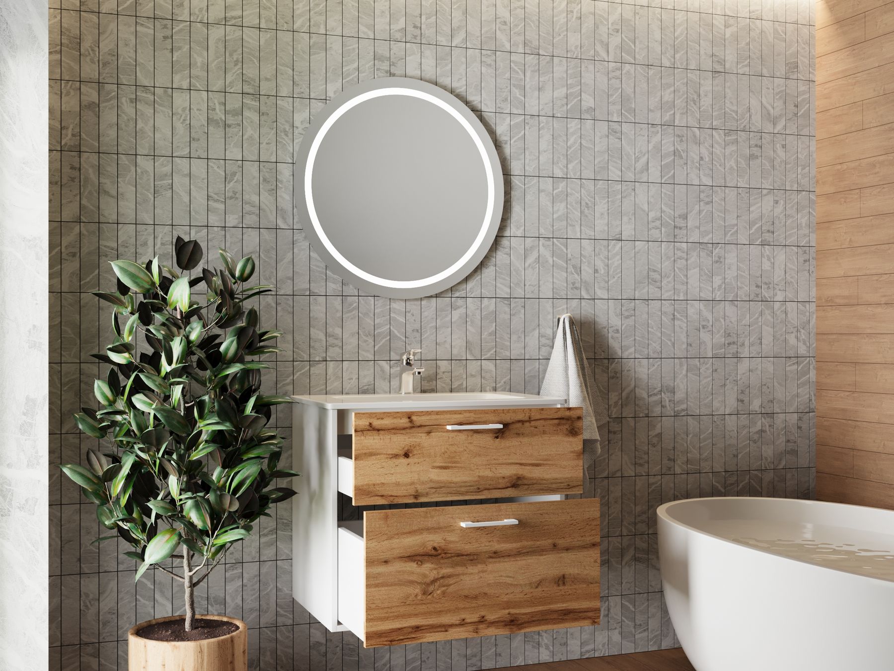 Bathroom combining warm timber vanity, round mirror and pale durable surfaces