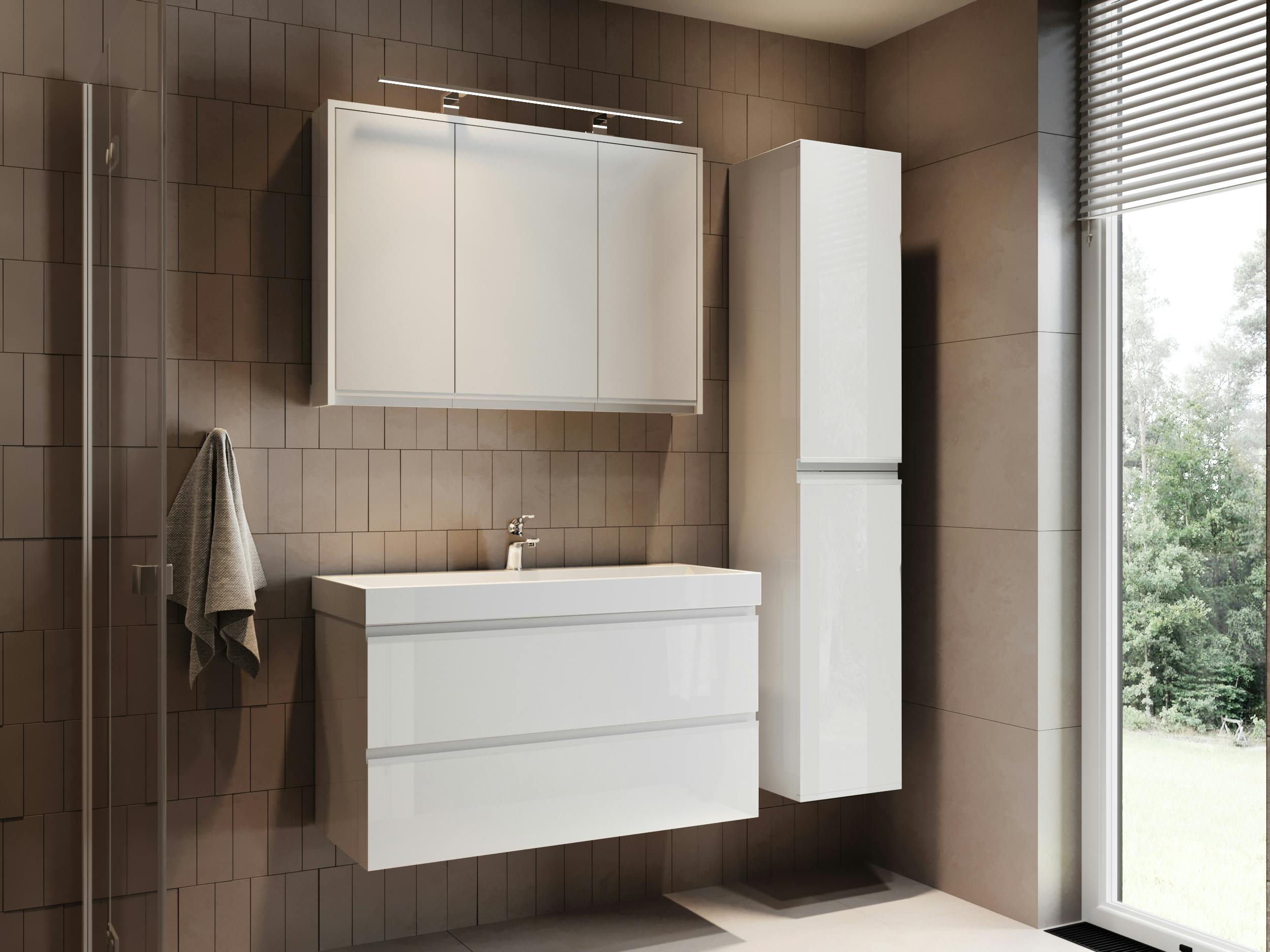 floating vanity with open floor visibility - small master bath decorating ideas