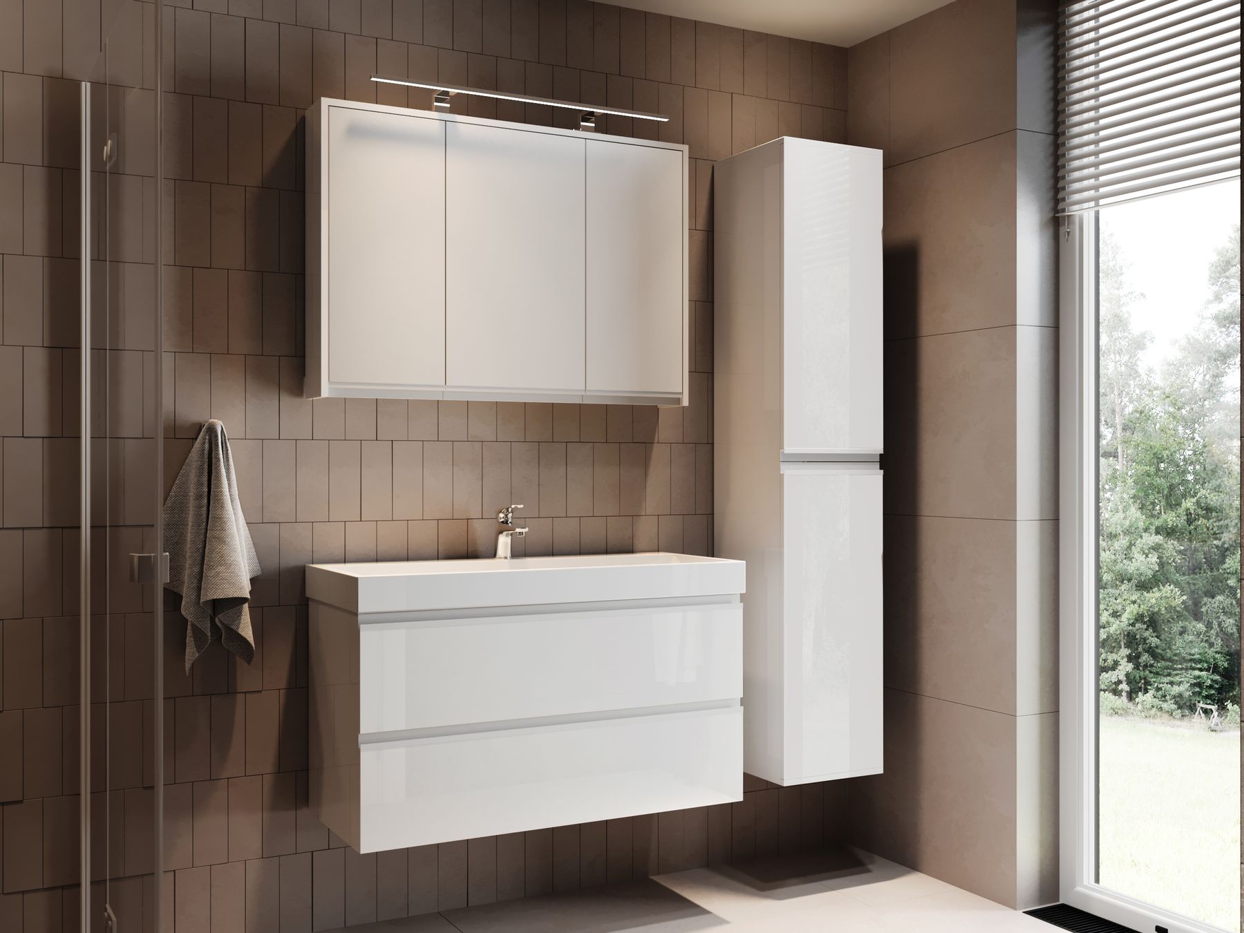 Modern white floating vanity below a mirror and tiled wall