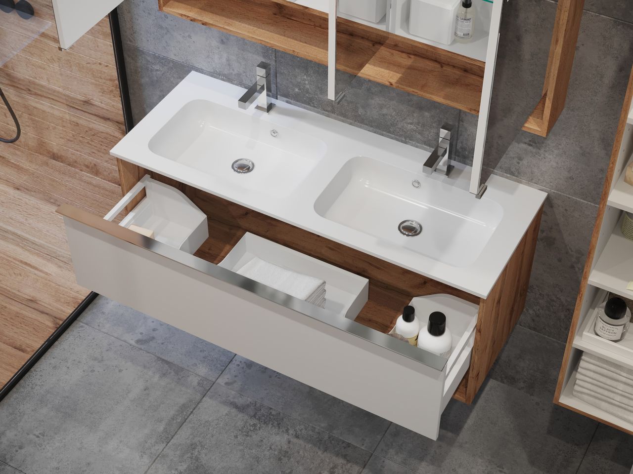 A double vanity with two basins in one run