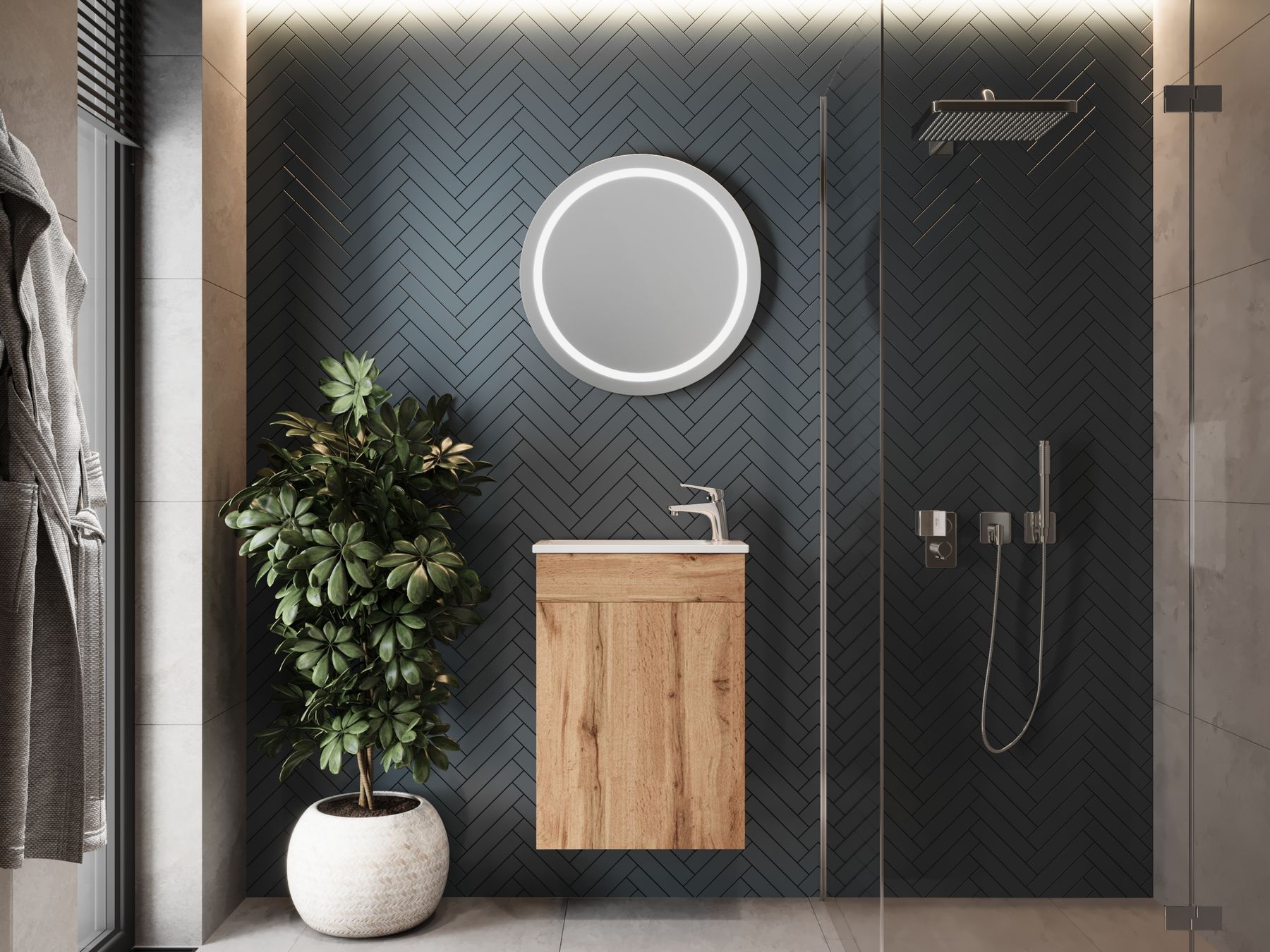 Warm neutral bathroom with a wood vanity, round mirror and one leafy green plant