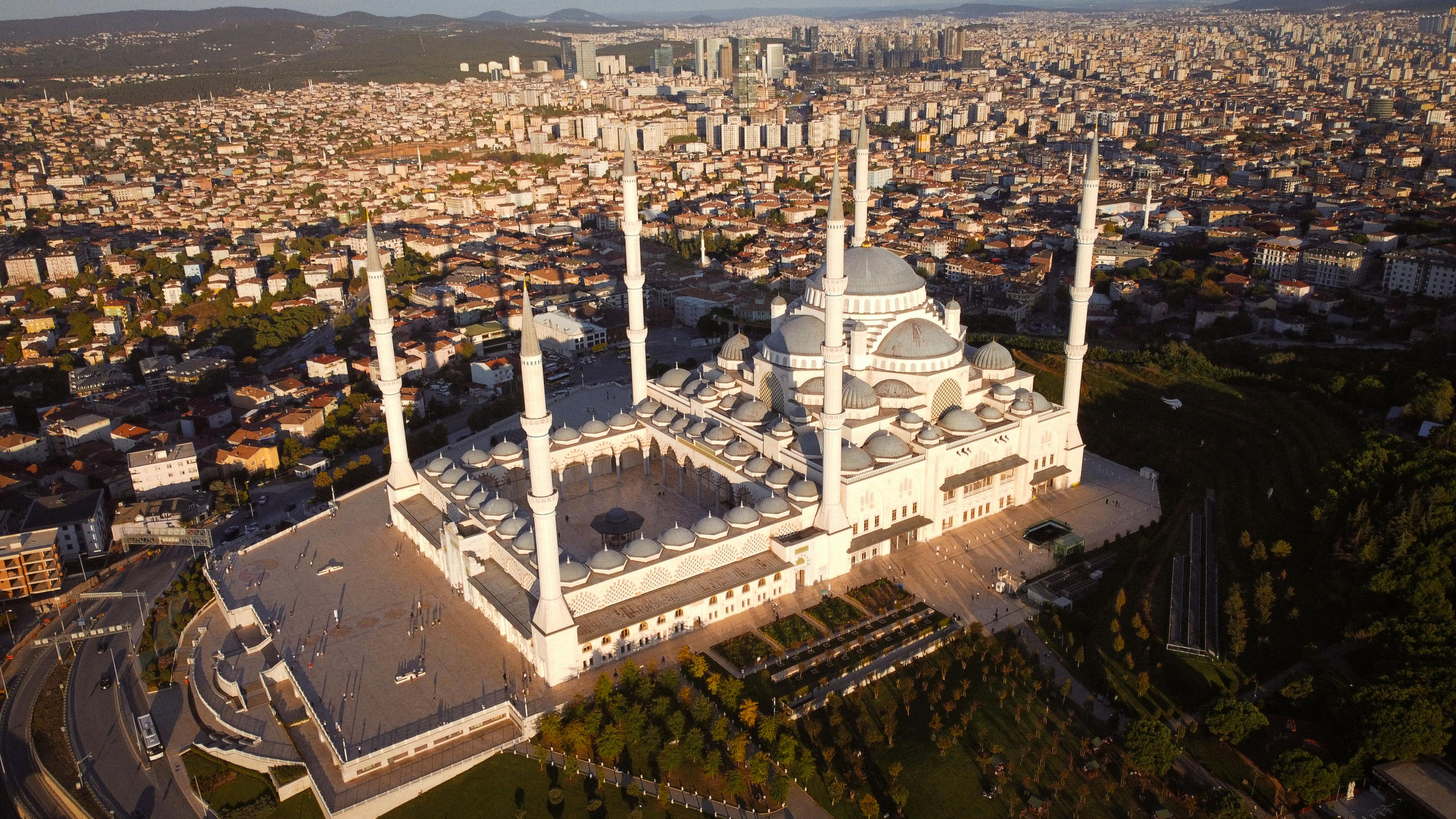 Stunning aerial view of Çamlıca Mosque in Istanbul during sunset, showcasing the cityscape and architectural beauty.
