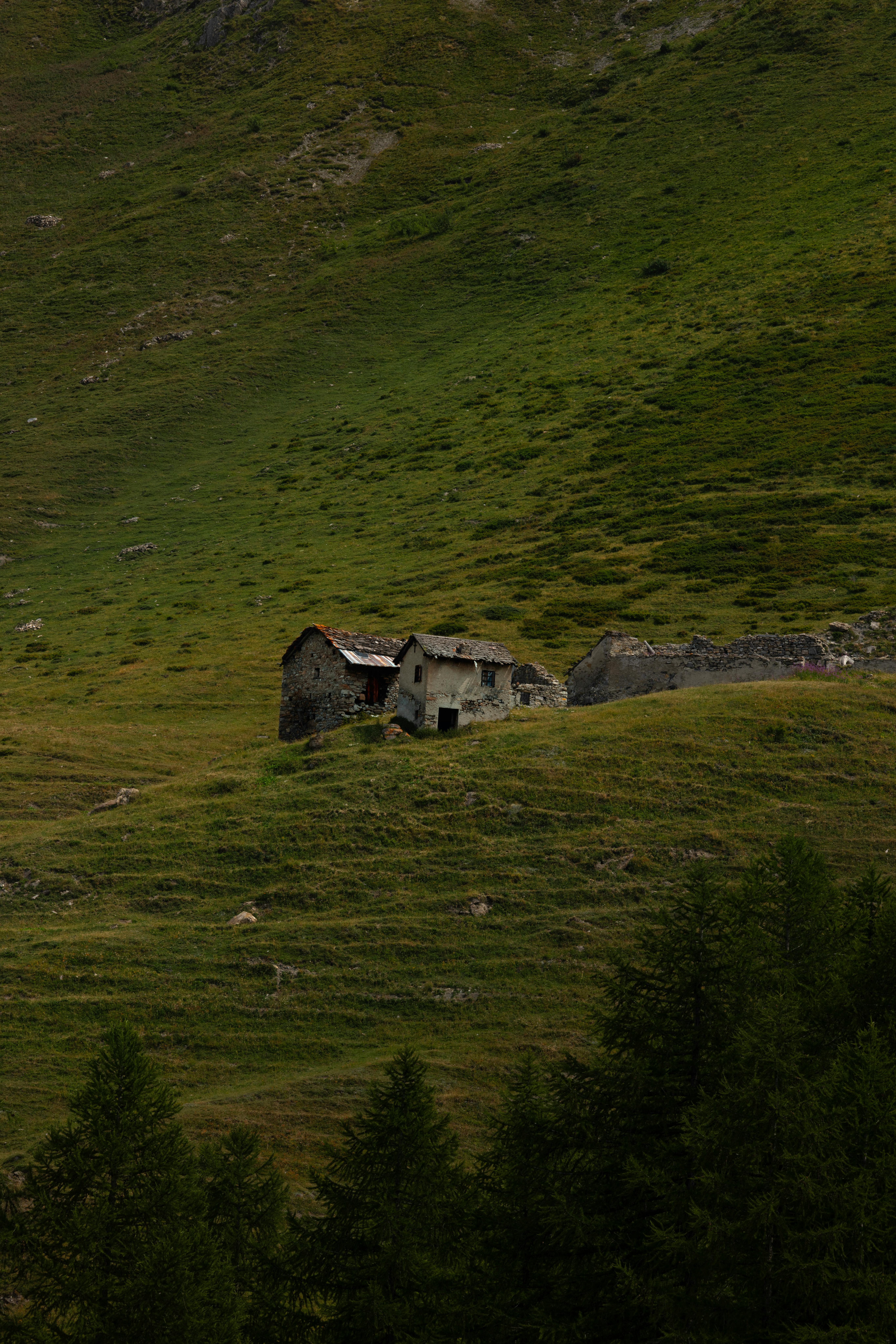 An isolated mountain cabin nestled in a lush green landscape, exuding tranquility.