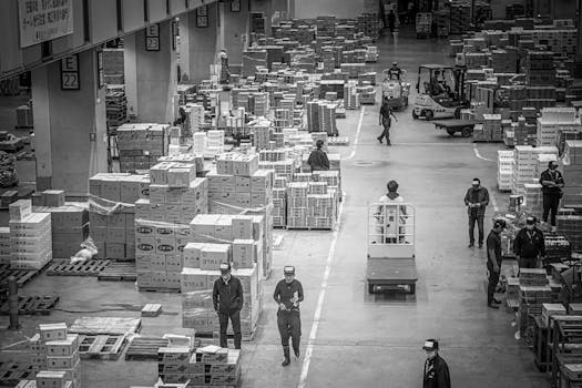 Black and white photograph of a bustling warehouse in Japan, featuring workers organizing and moving packages.